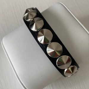 Edgy Black Leather Silver Spike Stud Rebel Rocker Goth Concert Festival Bracelet
